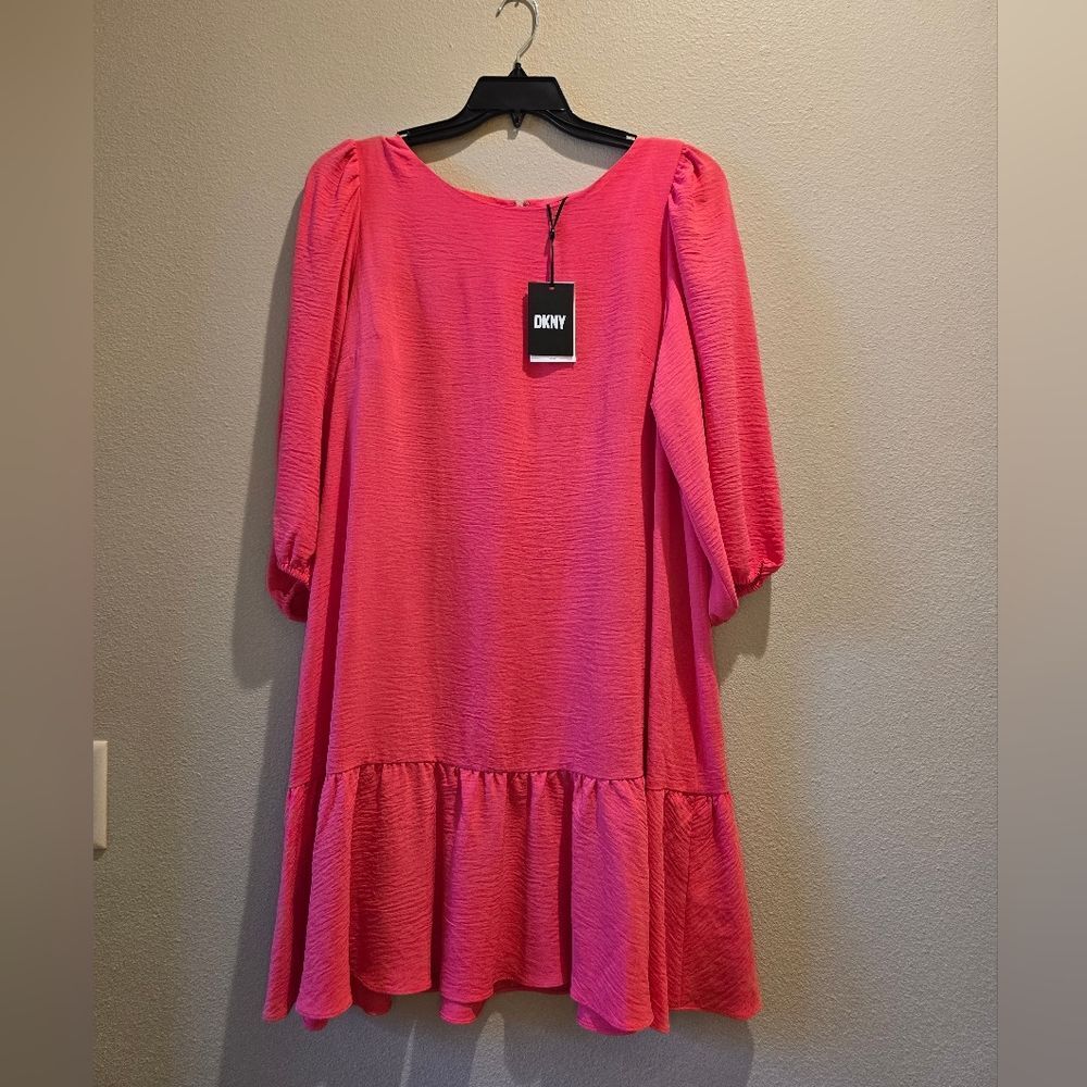 DKNY Vibrant Pink Dress with Puff Sleeves Sz 16